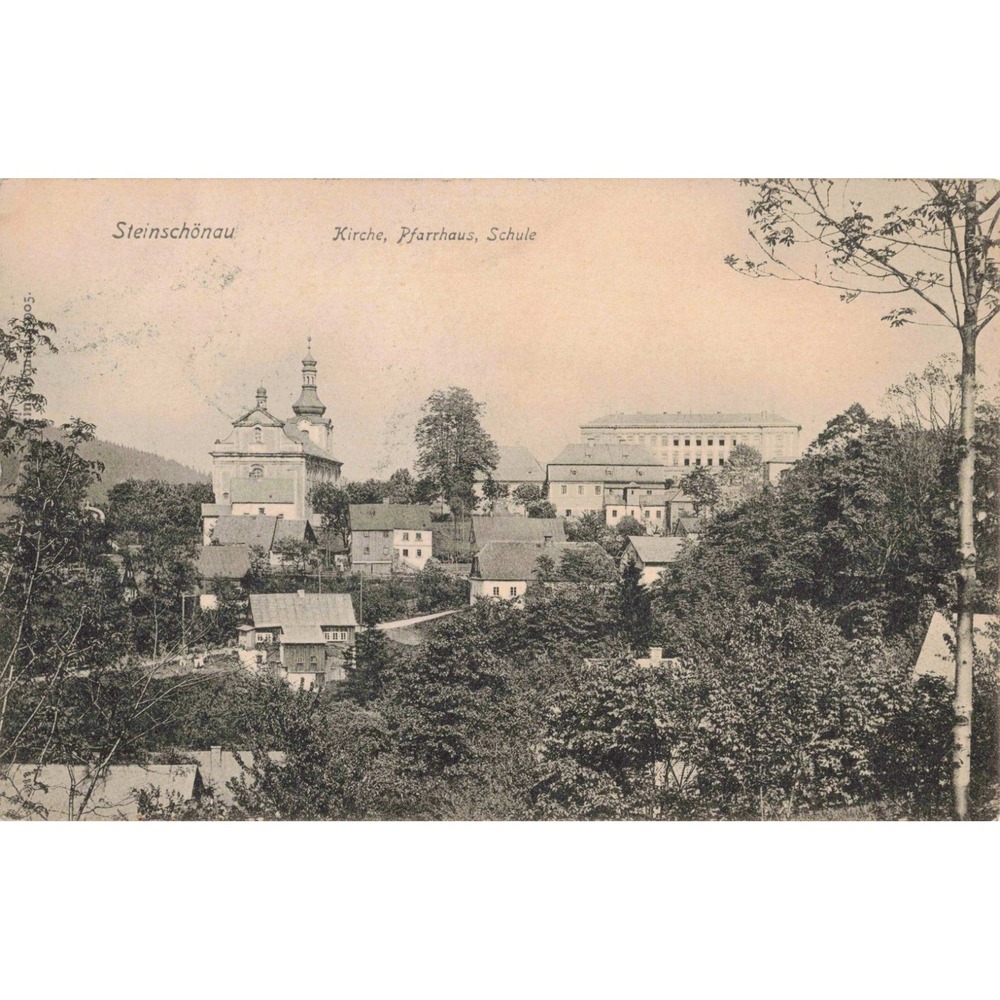 Steinschönau Bohemia Kamenicky Senov Church Pfarrhaus School Postcard c1907